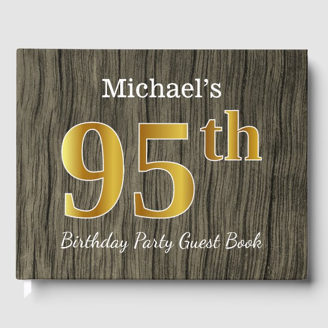 Rustic, Faux Gold 95th Birthday Party; Custom Name Guest Book (Front)