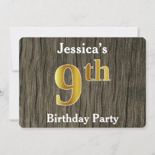 Rustic, Faux Gold 9th Birthday Party; Custom Name Invitation