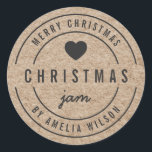 Rustic Faux Kraft Christmas Jam Merry Christmas Classic Round Sticker<br><div class="desc">Rustic Faux Kraft Bold "Christmas Jam Merry Christmas" sticker featuring dark grey heart, text all in dark grey against a kraft like pattern background. It's perfect for labelling what you've made. Personalize it by replacing the placeholder text. For more options such as to change the font, it's size, spacing between...</div>