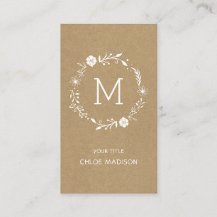 Rustic Faux Kraft Floral Wreath Monogram  Business Card