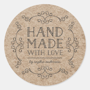 Rustic Faux Kraft Flourishes Hand Made With Love Classic Round Sticker