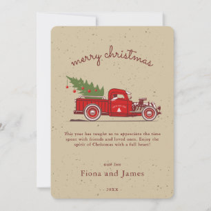 Rustic Faux Kraft Red Truck Tree Personalized Holiday Card