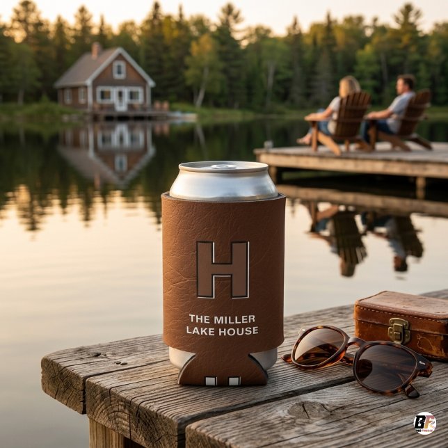 Rustic Faux Leather Monogram Personalized Lake Hou Can Cooler (Creator Uploaded)
