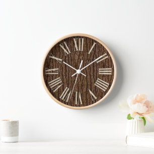 Rustic Faux Piece of Wood Grain Tree Bark Clock