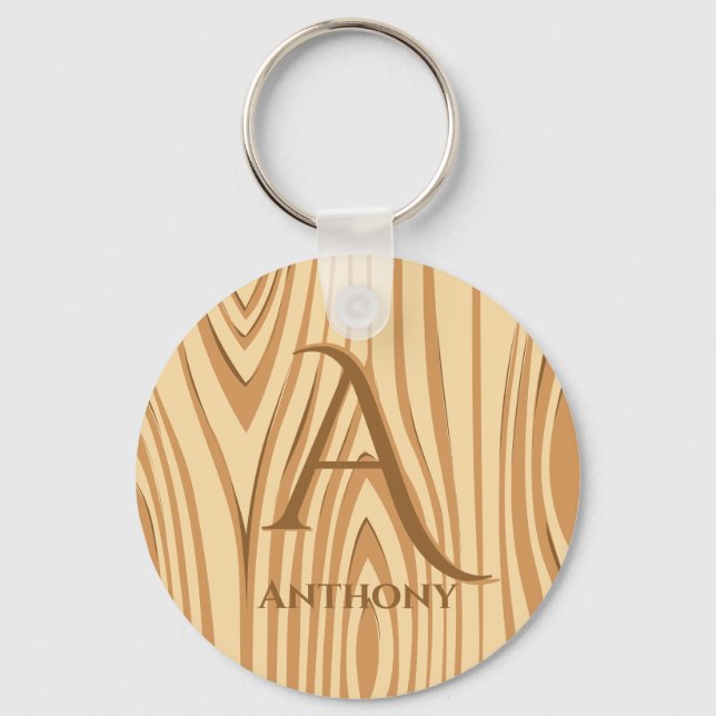 Rustic Faux Stained Brown Wood Monogrammed Custom Keychain (Front)