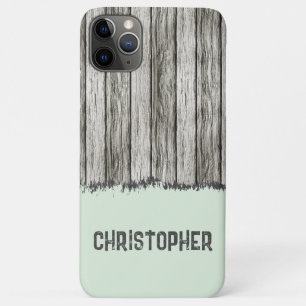 Rustic faux wood add name grey and green iPhone 11 pro max case