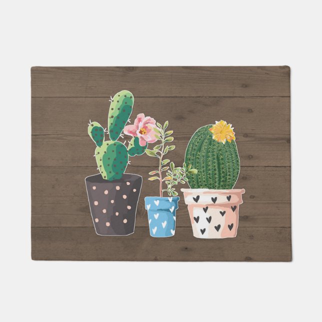 Rustic Faux Wood and Potted Cactus Doormat (Front)