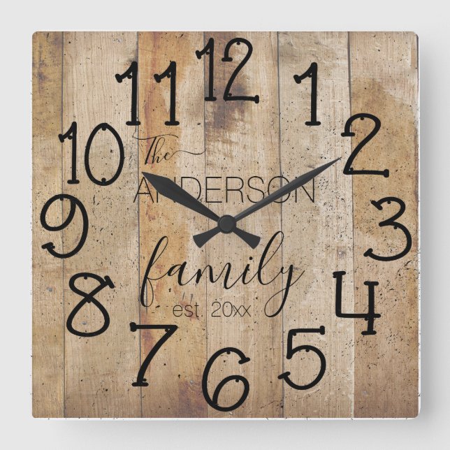 Rustic Faux Wood Barn Farmhouse Custom Family Name Square Wall Clock (Front)