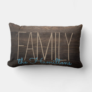 Rustic FAUX WOOD Chic Family Monogram BLUE Lumbar Pillow