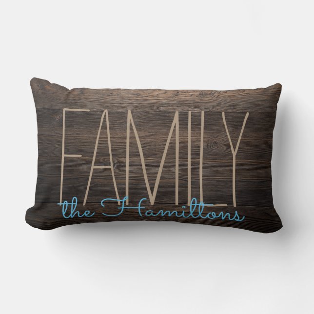 Rustic  FAUX WOOD Chic Family Monogram  BLUE Lumbar Pillow (Front)