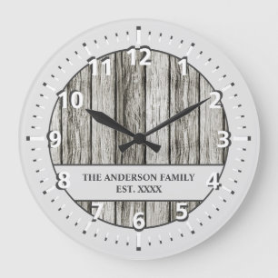 Rustic faux wood family name pale grey and white large clock