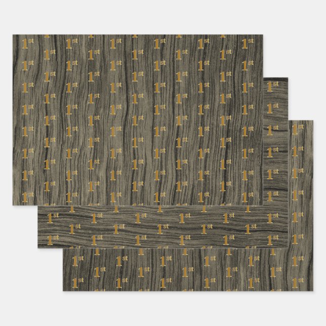 Rustic Faux Wood Grain, Elegant Faux Gold "1st" Wrapping Paper Sheet (Set)