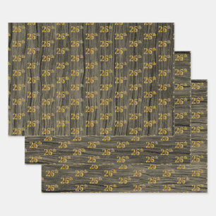 Rustic Faux Wood Grain, Elegant Faux Gold "26th" Wrapping Paper Sheet