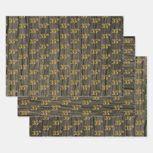 Rustic Faux Wood Grain, Elegant Faux Gold "35th" Wrapping Paper Sheet