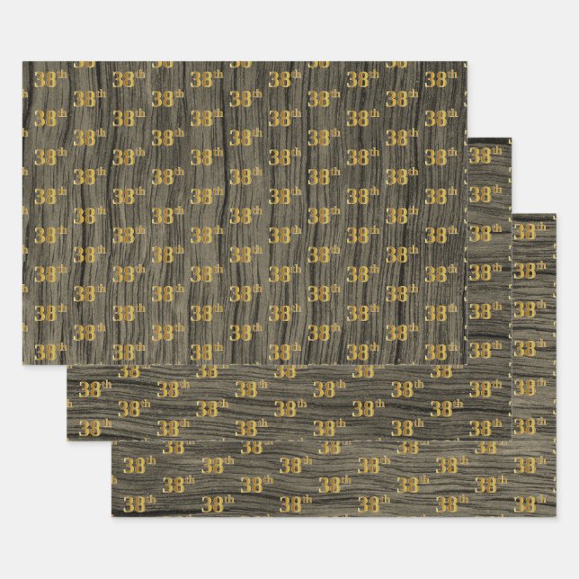 Rustic Faux Wood Grain, Elegant Faux Gold "38th" Wrapping Paper Sheet (Set)