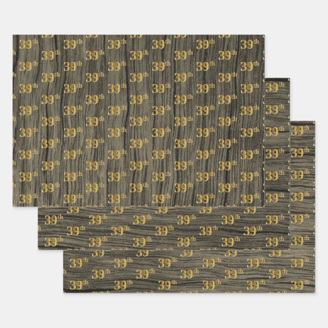Rustic Faux Wood Grain, Elegant Faux Gold "39th" Wrapping Paper Sheet (Set)