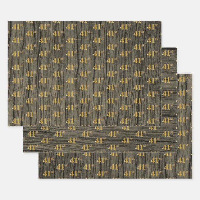 Rustic Faux Wood Grain, Elegant Faux Gold "41st" Wrapping Paper Sheet (Set)