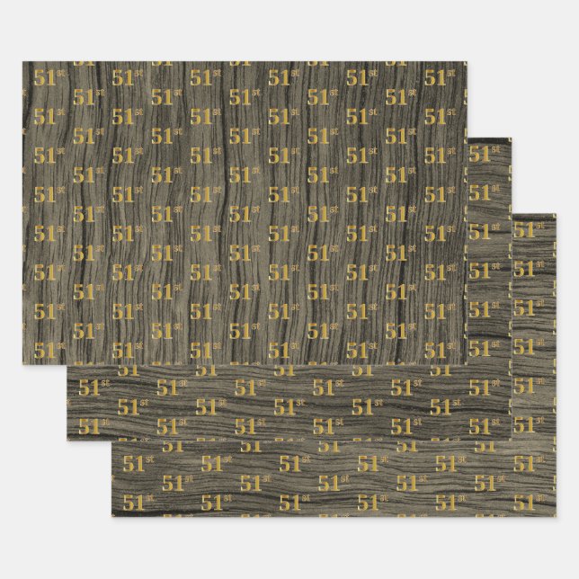 Rustic Faux Wood Grain, Elegant Faux Gold "51st" Wrapping Paper Sheet (Set)