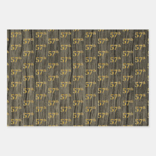 Rustic Faux Wood Grain, Elegant Faux Gold "57th" Wrapping Paper Sheet