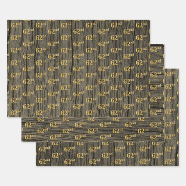 Rustic Faux Wood Grain, Elegant Faux Gold "62nd" Wrapping Paper Sheet (Set)