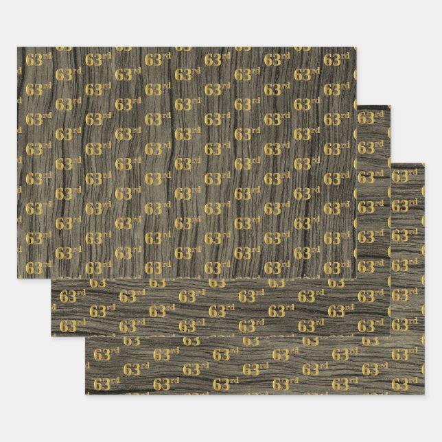 Rustic Faux Wood Grain, Elegant Faux Gold "63rd" Wrapping Paper Sheet (Set)