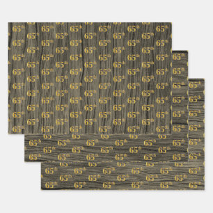 Rustic Faux Wood Grain, Elegant Faux Gold "65th" Wrapping Paper Sheet