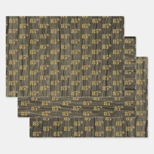 Rustic Faux Wood Grain, Elegant Faux Gold "85th" Wrapping Paper Sheet