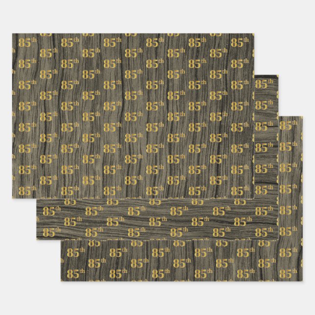 Rustic Faux Wood Grain, Elegant Faux Gold "85th" Wrapping Paper Sheet (Set)