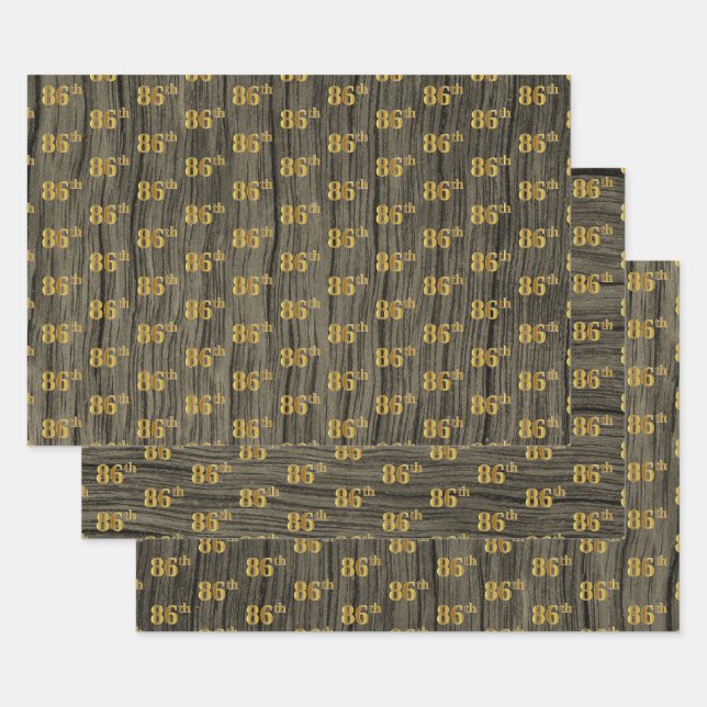 Rustic Faux Wood Grain, Elegant Faux Gold "86th" Wrapping Paper Sheet (Set)