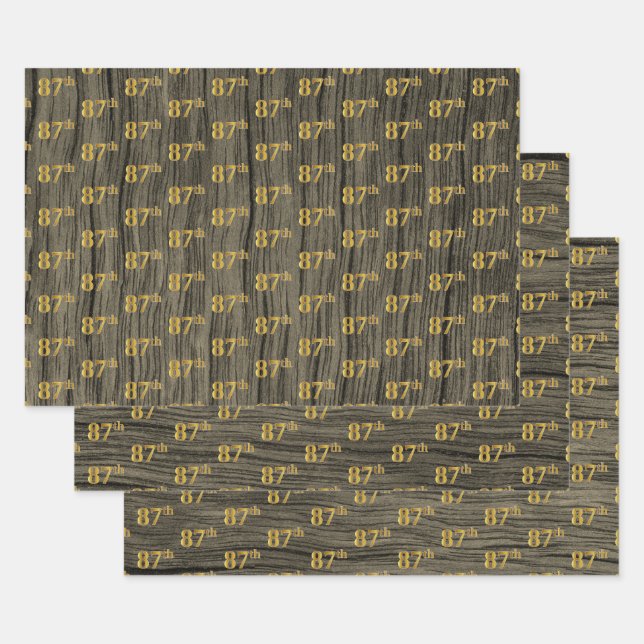 Rustic Faux Wood Grain, Elegant Faux Gold "87th" Wrapping Paper Sheet (Set)