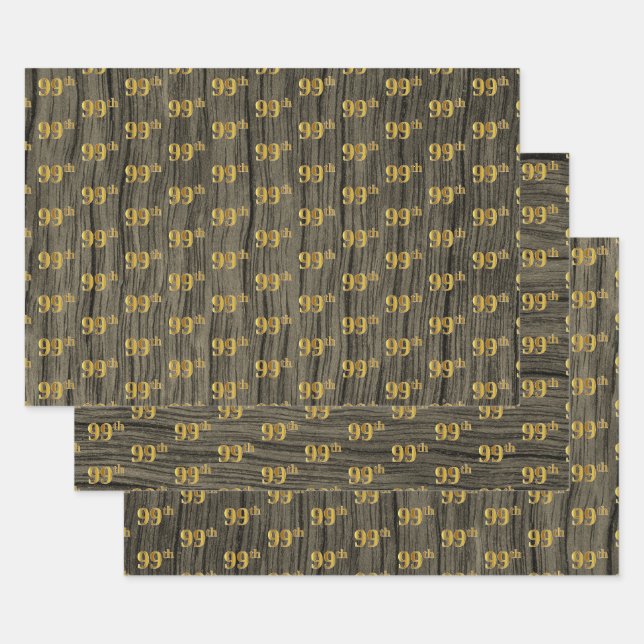 Rustic Faux Wood Grain, Elegant Faux Gold "99th" Wrapping Paper Sheet (Set)