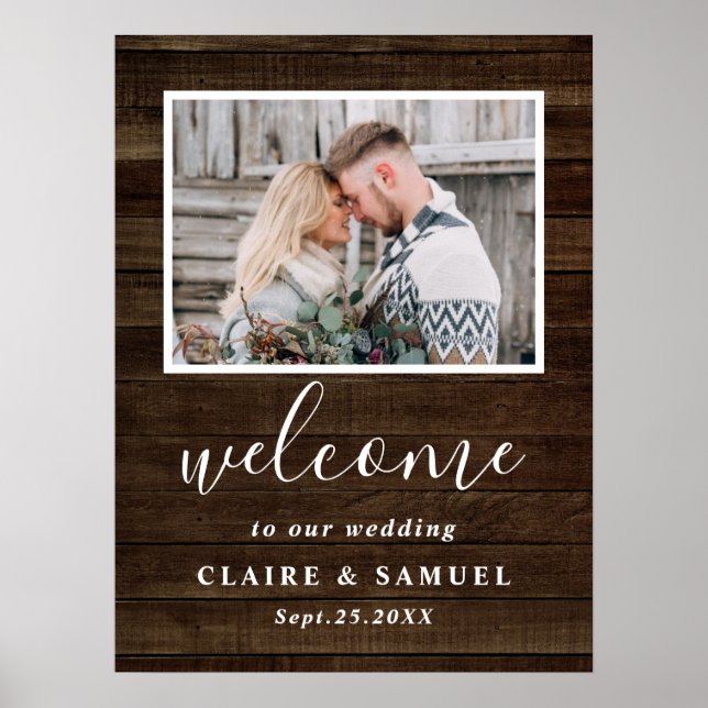 Rustic Faux Wood Photo Mariage Affiche de bienvenu (Devant)