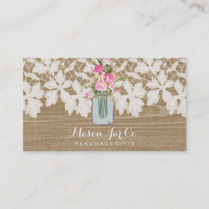 Rustic Faux Wood with Lace and Flower Mason Jar Business Card