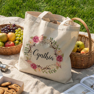 Rustic Feather Boho Floral Wreath Bridesmaid Tote Bag