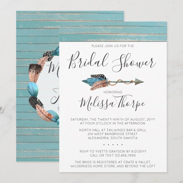 Rustic Feathers Arrow Bridal Shower Invitation (Front/Back)