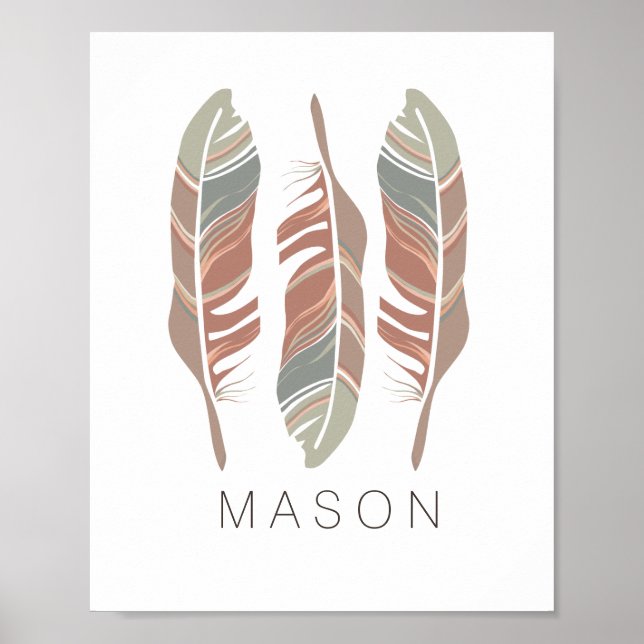 Rustic Feathers Personalized Boy Wall Art Print (Front)