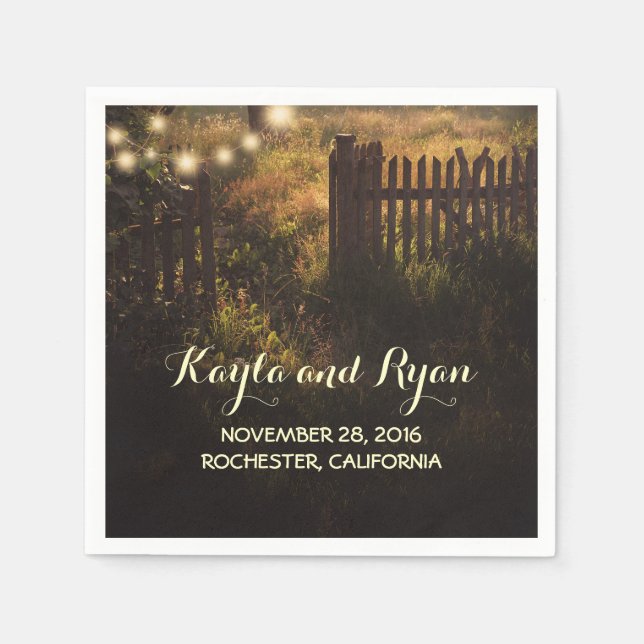 rustic fence and string lights country wedding napkin (Front)