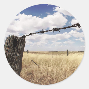 Rustic Fence Landscape Grassy Blue Sky Clouds Classic Round Sticker