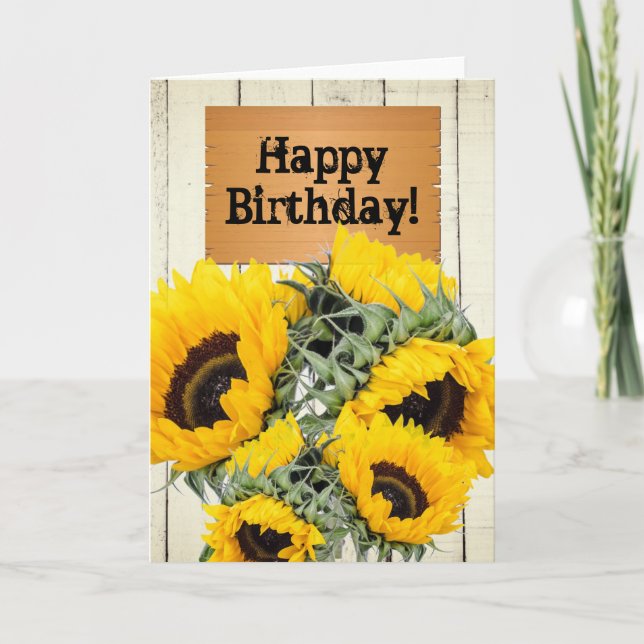 Rustic Fence Wooden Sign Sunflowers Birthday Card (Front)