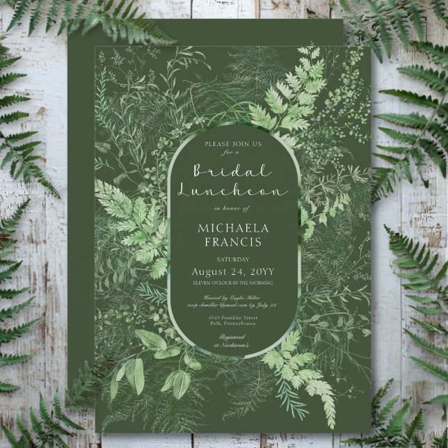 Rustic Fern Green Foliage Emerald Bridal Luncheon Invitation (Rustic Fern Green Foliage Emerald Bridal Luncheon Invitation)