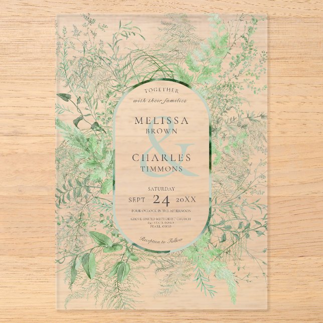 Rustic Fern Green Foliage Emerald Green Wedding Acrylic Invitations (Front)