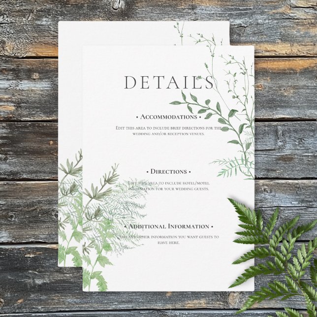 Rustic Fern Green Foliage White Wedding Details Enclosure Card (Rustic Fern Green Foliage White Wedding Details Enclosure Card)