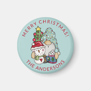 Rustic Festive Gnome Snowman Christmas Magnet