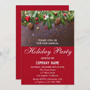Rustic Festive Red Company Holiday Christmas Party Invitation