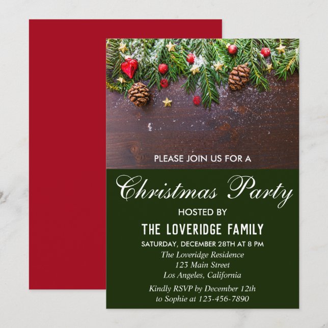 Rustic Festive Red & Green Country Christmas Party Invitation (Front/Back)