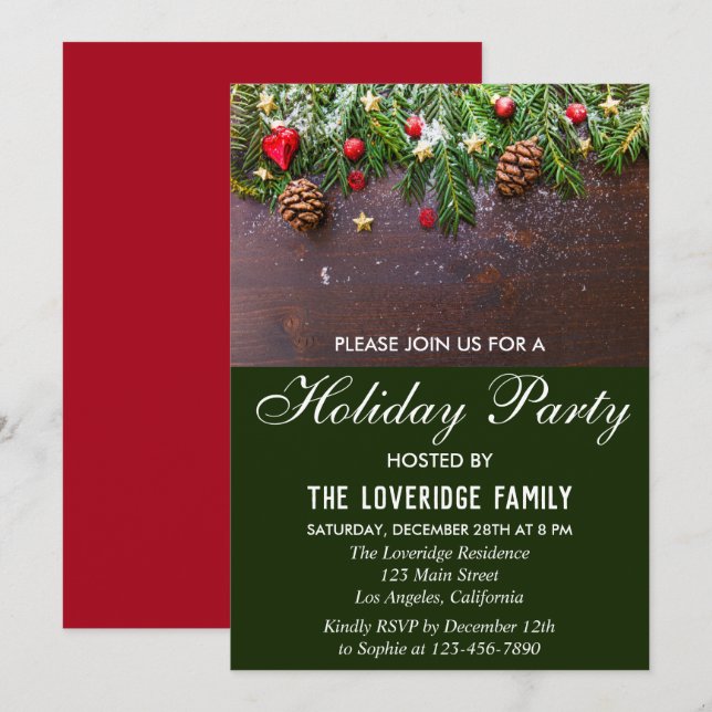 Rustic Festive Red & Green Country Holiday Party Invitation (Front/Back)