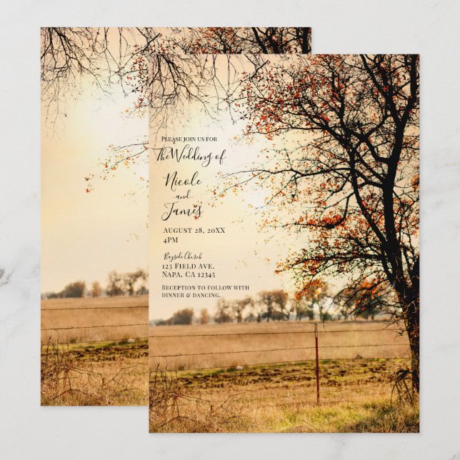 Rustic Field Gold Autumn Evening Sunset Wedding  Invitation (Front/Back)