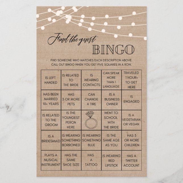 Rustic Find the guest bingo bridal shower game (Front)
