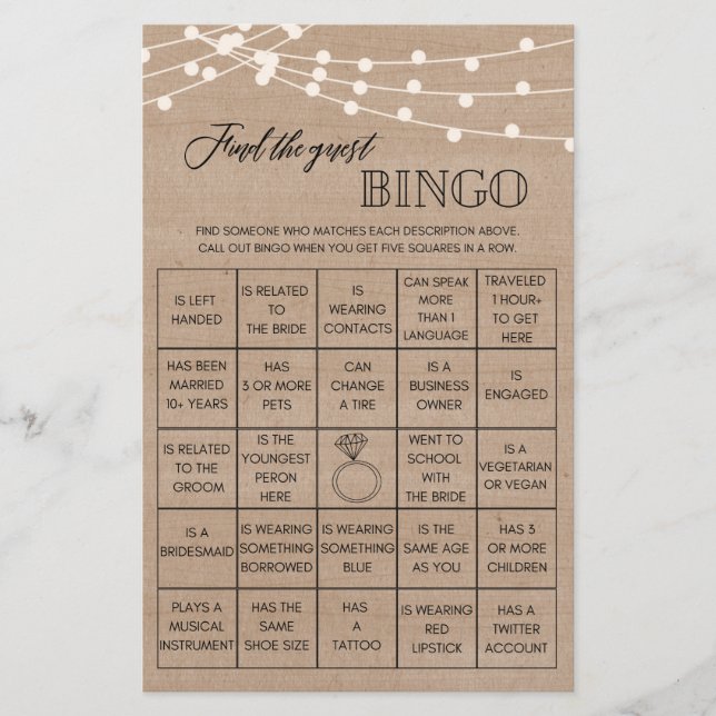 Rustic Find the guest bingo bridal shower game Flyer (Front)