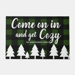 Rustic Fir Trees Black & Green Plaid Get Cozy Doormat